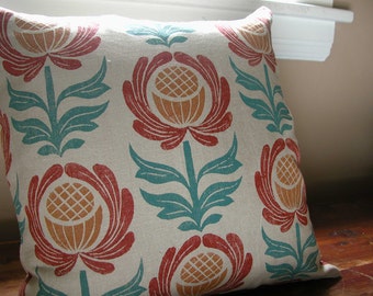 Folk Art Floral Home Decor linen pillow cover warm gray hand block printed colorful decorative