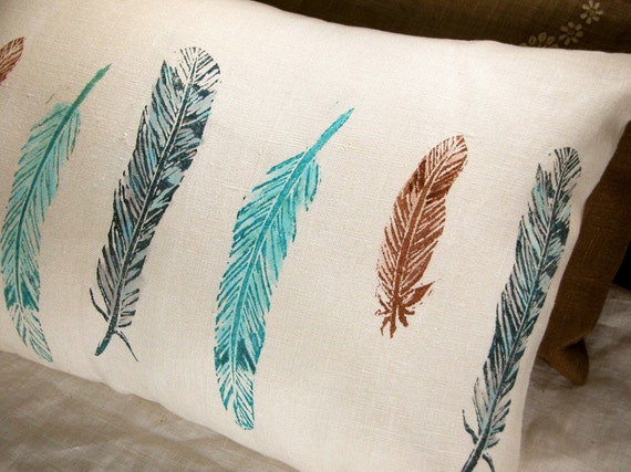 Wild bird feathers hand block printed rustic spring home decor