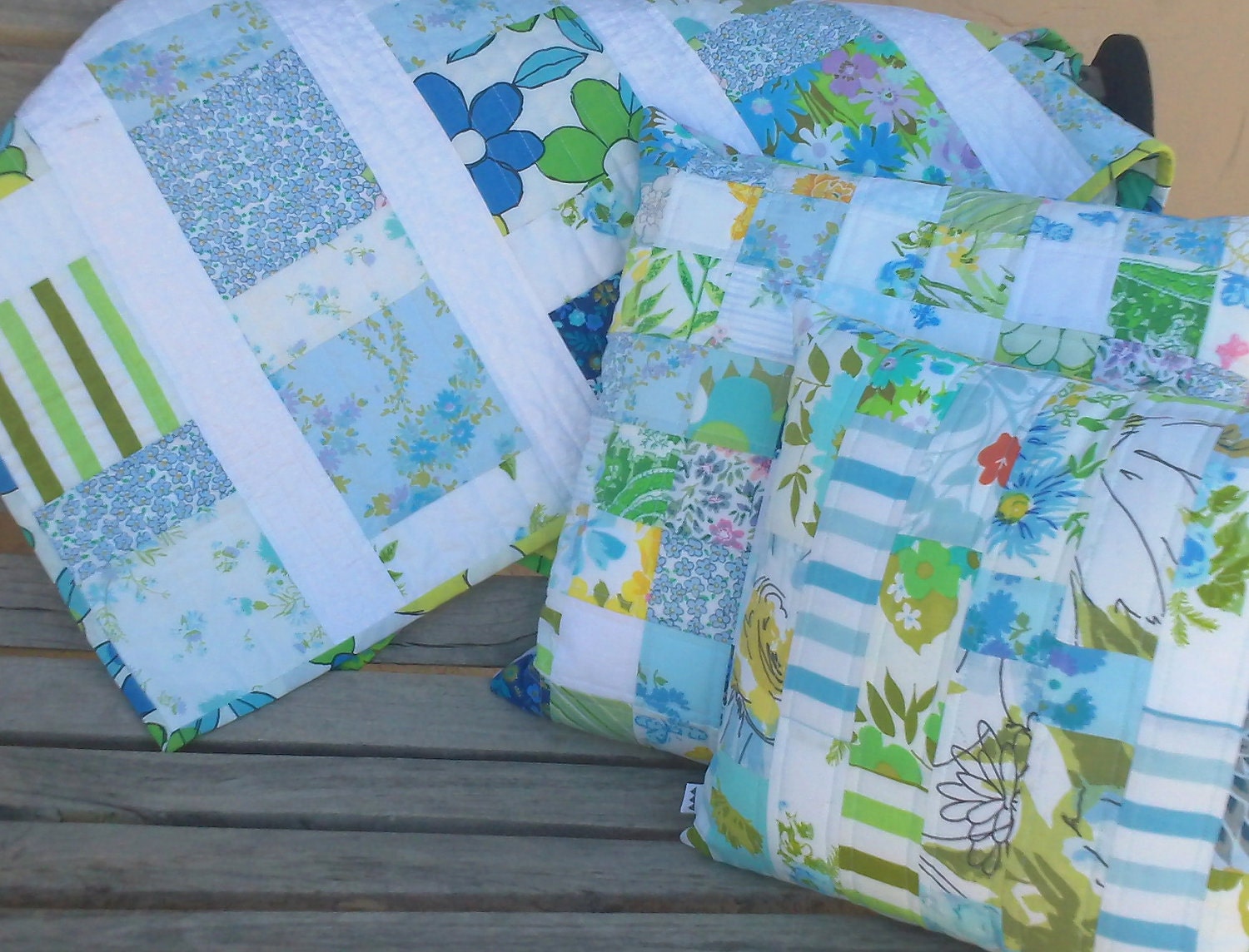 Blue quilted pillow cover handmade patchwork vintage sheets