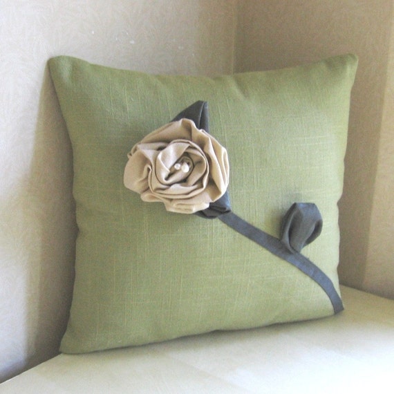 Items similar to Apple Green Pillow Cover with Fabric Rose on Etsy