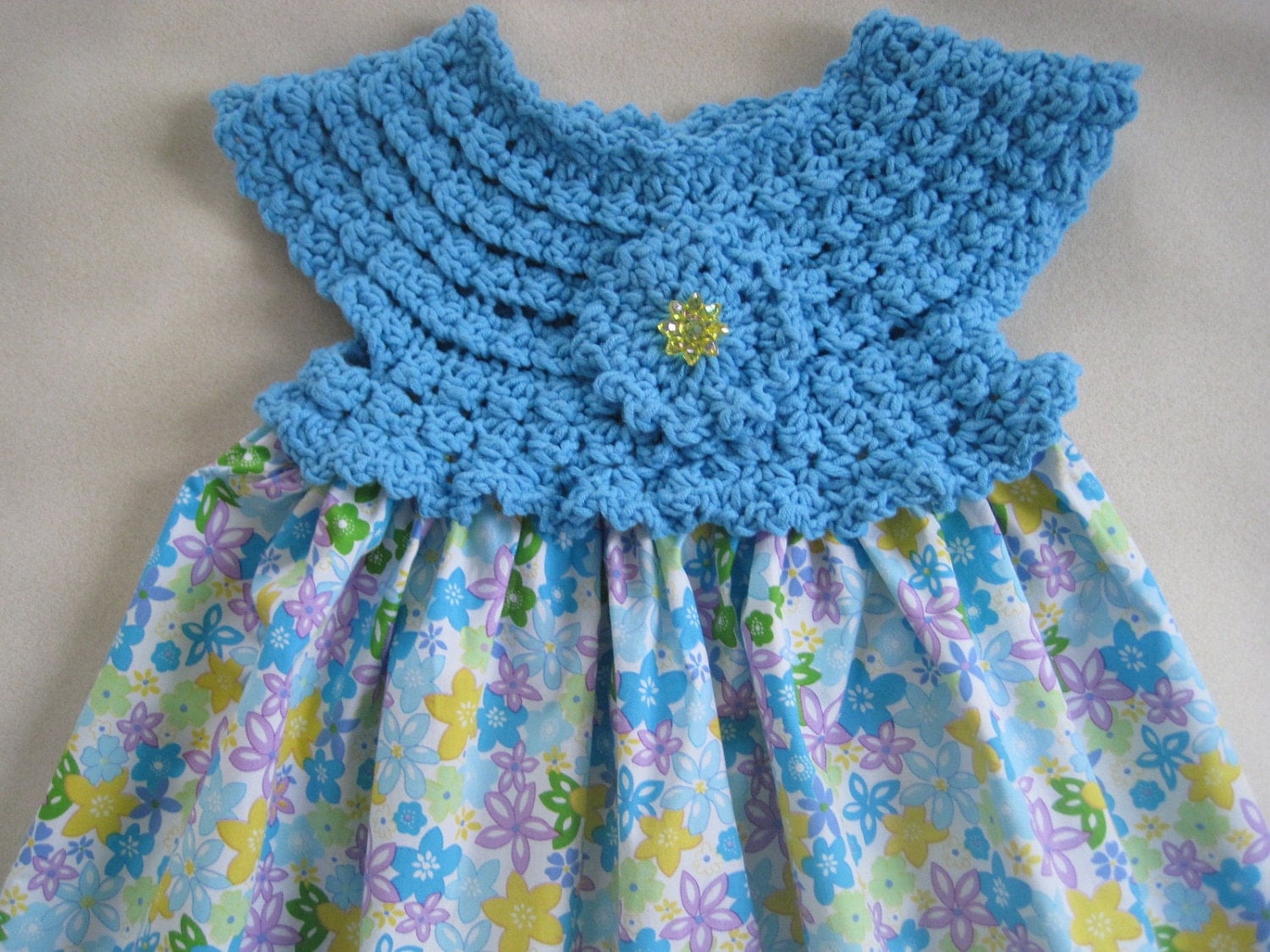 Dress BLUE WITH FLOWERS Crochet Bodice Fabric Skirt