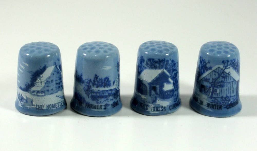 Blue Currier and Ives Porcelain Thimbles Set