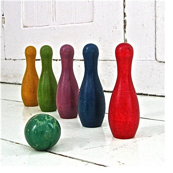 Mini Vibrant Wood Bowling Pins with Ball