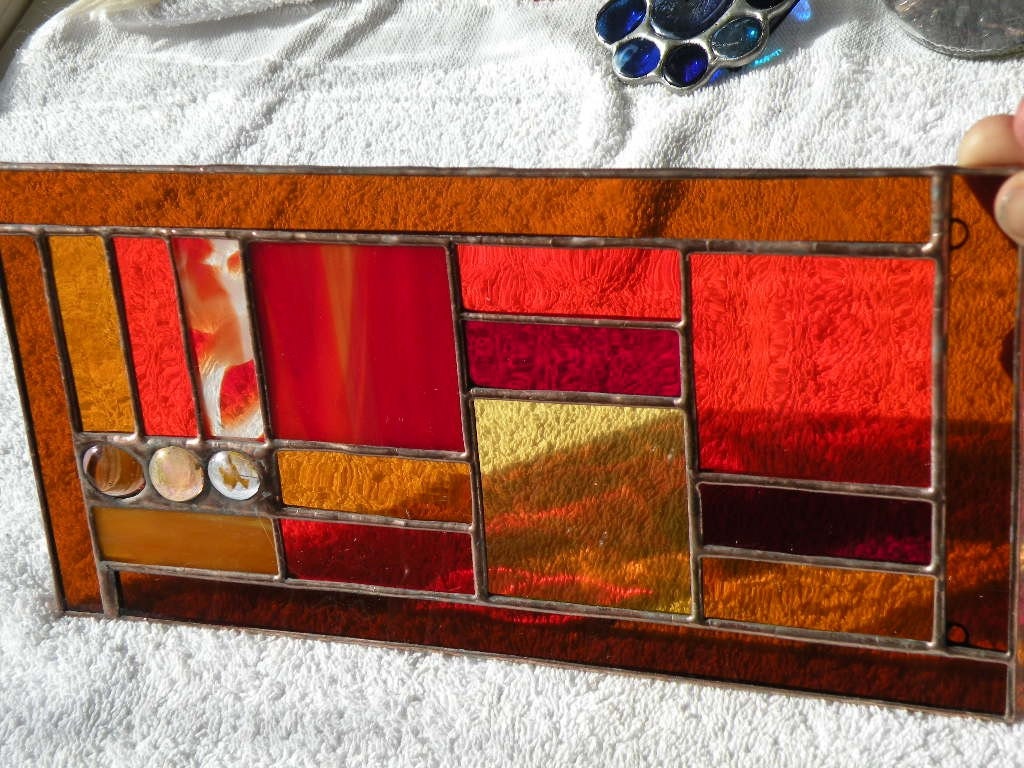 stained glass rectangular earthtones geometric window panel