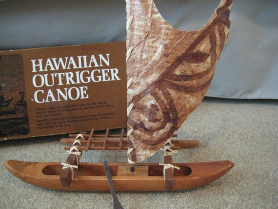 Vintage Hawaiian Koa Wood Outrigger Canoe with Original Box