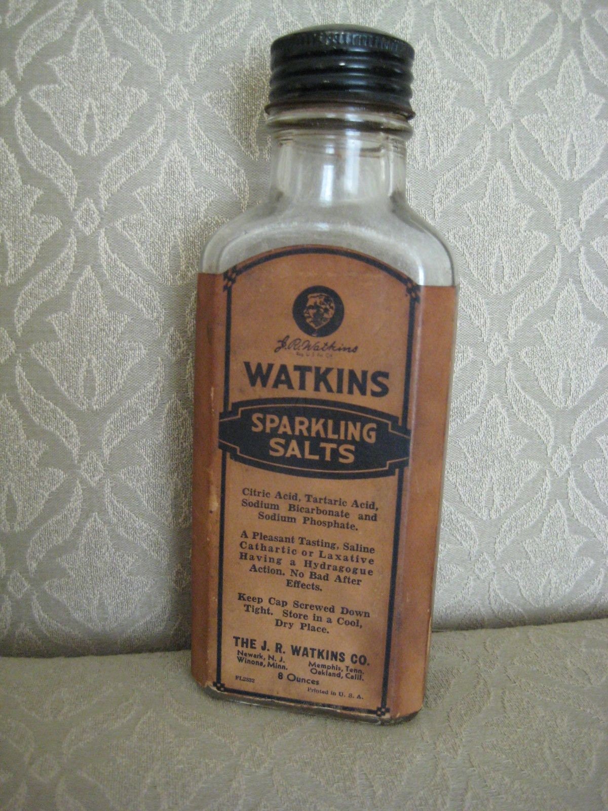 Large Vintage Watkins Sparkling Salts Bottle with Paper Label