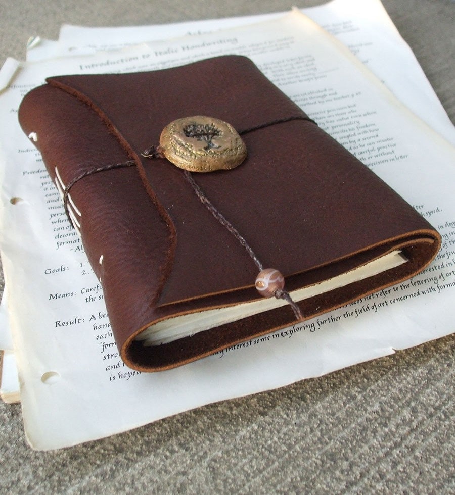 Leather writing journal. Handmade dark chocolate brown with