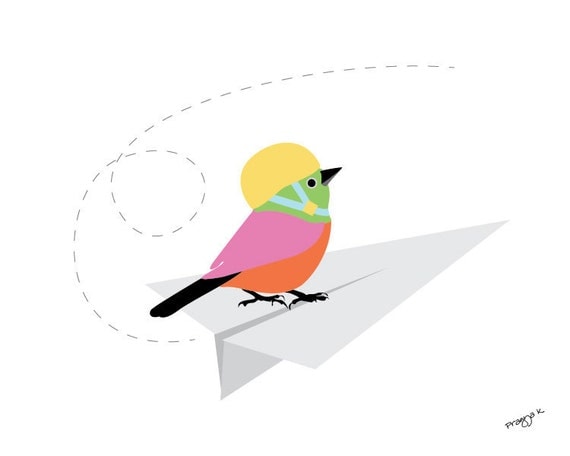 nursery art print paper plane Bird on paper plane print