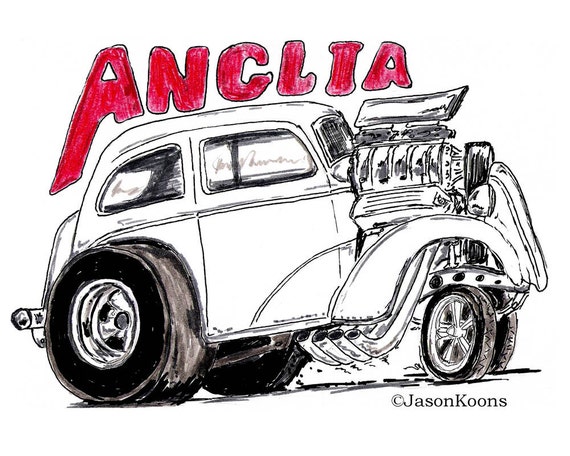 Items similar to Hot Rod, Gasser, Anglia, Car Drawing, Print, 8x10