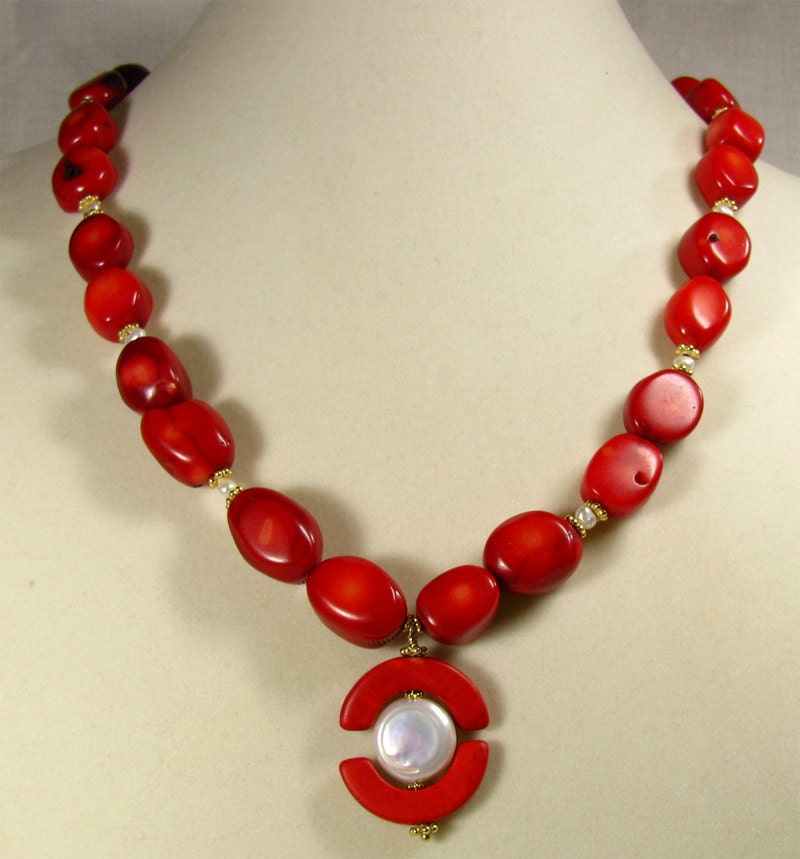 Red Coral with Ivory Pearls N186 by JMankinDesign on Etsy