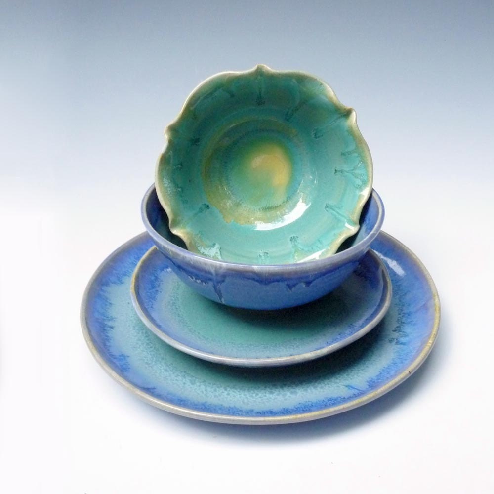 4pc Stoneware Pottery Dinnerware Set Blue Turquoise Made