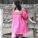 flower child 60s mexican minidress. crochet embroidered neckline and balloon sleeves.