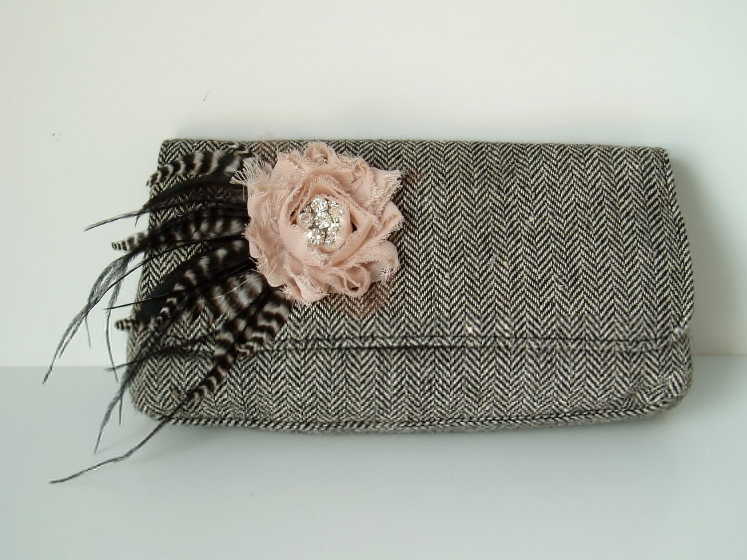 Black and Antique Pink Tweed Clutch Purse with Shabby Chic