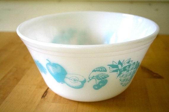 Items Similar To Federal Glass White Mixing Bowl With Blue Fruit Vintage On Etsy 5606