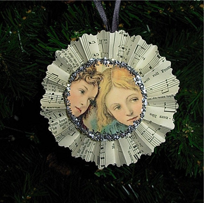 Ornament / Two Angels / Vintage Music Paper Rosette