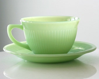 Fire King Jadite Jadeite Jane Ray Cup and Saucer with Foil Label Sticker