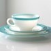 Pyrex Turquoise Stripe Cup, Saucer and Dinner Plate