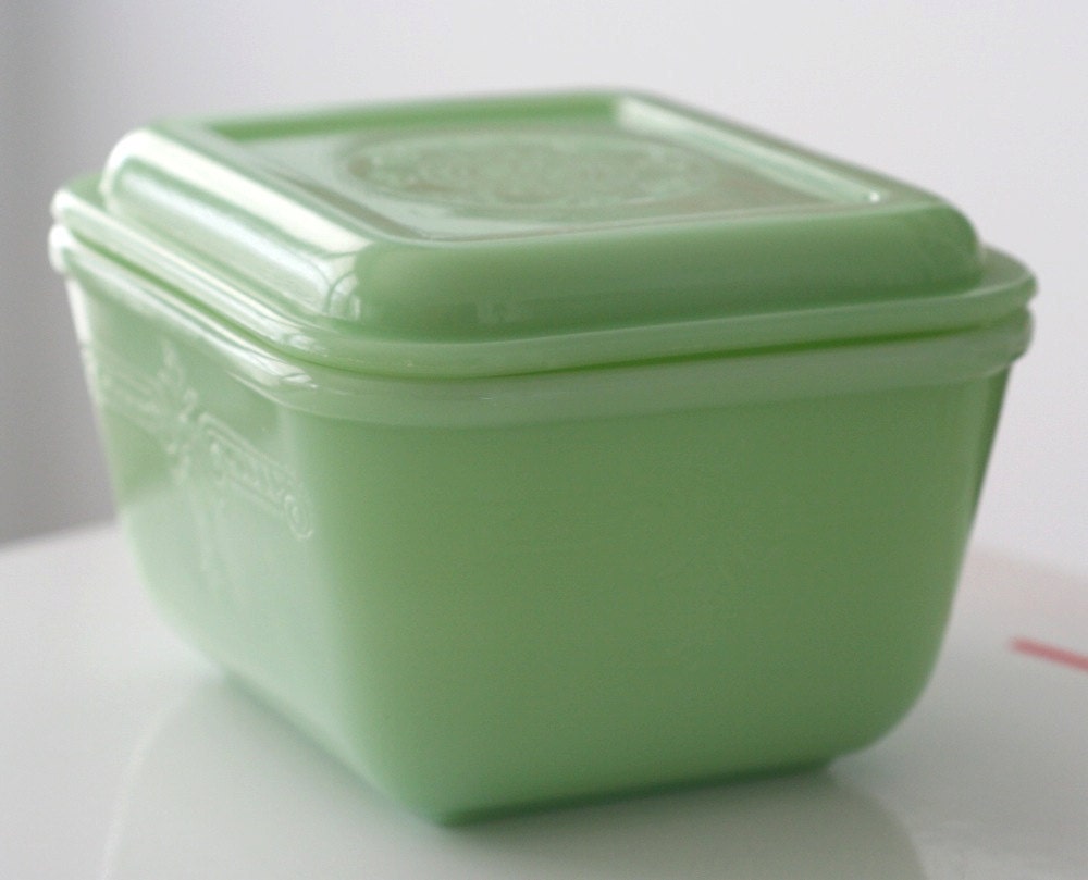 Fire King Jadite Philbe Square Fridge Dish and Lid