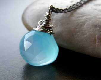 Aqua Blue Chalcedony Necklace, Petite Modern Necklace, Stone Teardrop Necklace