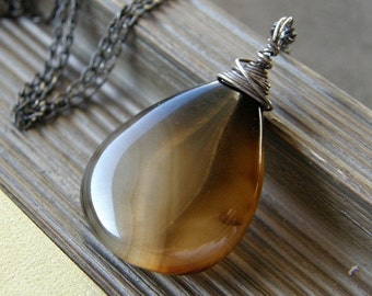 Black and Brown Agate Necklace, Stone Teardrop Necklace