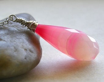 Pink Stripe Chalcedony Necklace, Neon Bright Pink Necklace, Modern Stone Pendant Necklace