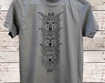 Wolf Totem, wolf t-shirt, hand printed, usa made, mens t-shirt, wolf shirt, wolves, totem, gifts for him, wolf for him, Simka Sol