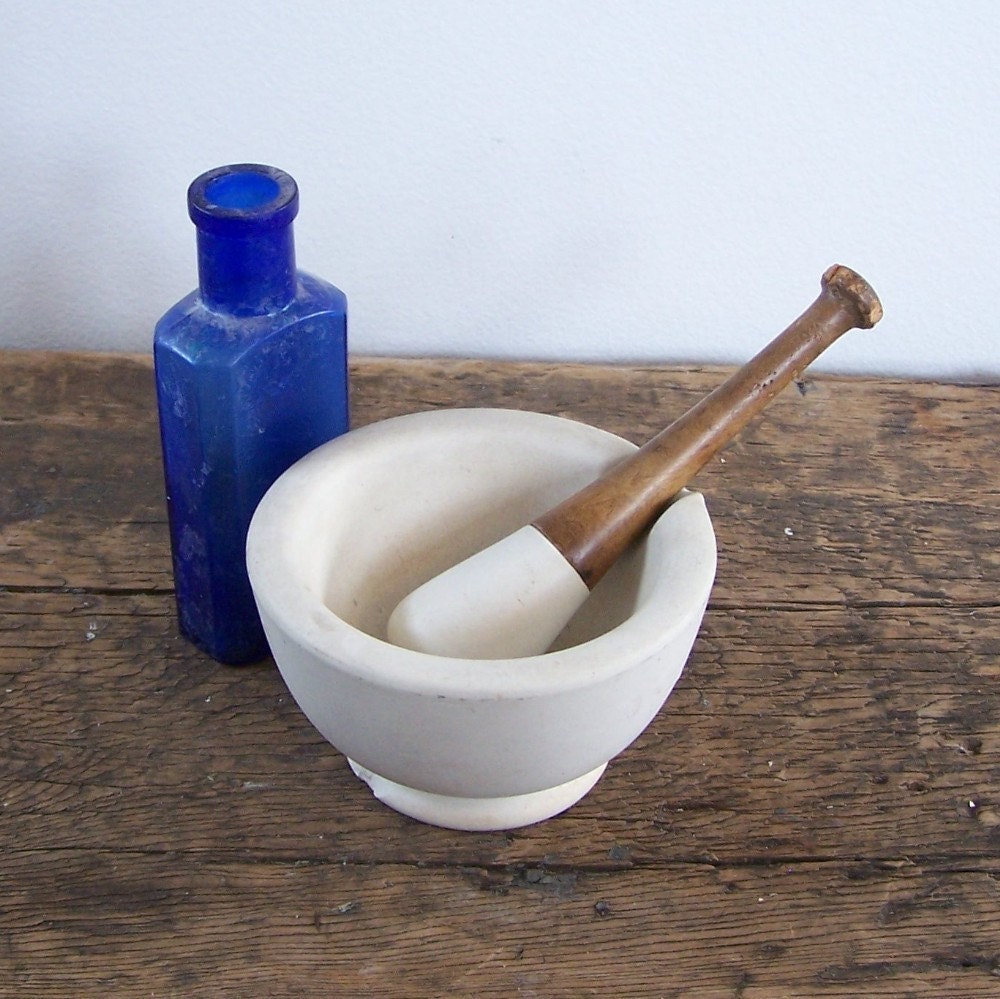 Antique Pharmacy Mortar and Pestle.. White Stoneware