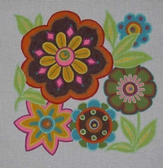 Items similar to HANDPAINTED RETRO FLORAL NEEDLEPOINT 13 MONO