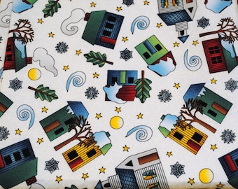 Fat Quarter Cute Snowy Wintertime Cabins, Houses, Churches Fabric