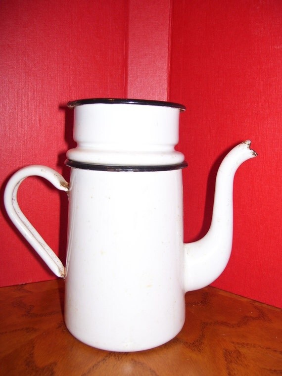 Items similar to vintage Coffee Pot White Porcelain Enamel Metal French