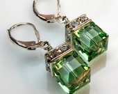 Peridot Crystal Earrings, Green, Silver, Drop, Dangle, Wedding, Bridesmaid, August Birthday, Spring Fashion  Handmade Jewelry