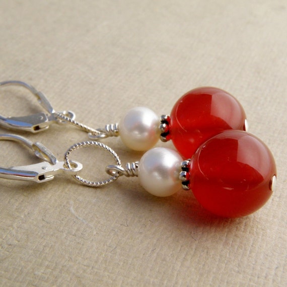 Red Orange Ball Earrings Carnelian Stone and Pearl Earrings