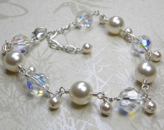 Ivory Pearl and Crystal Bracelet Sterling Silver by fineheart