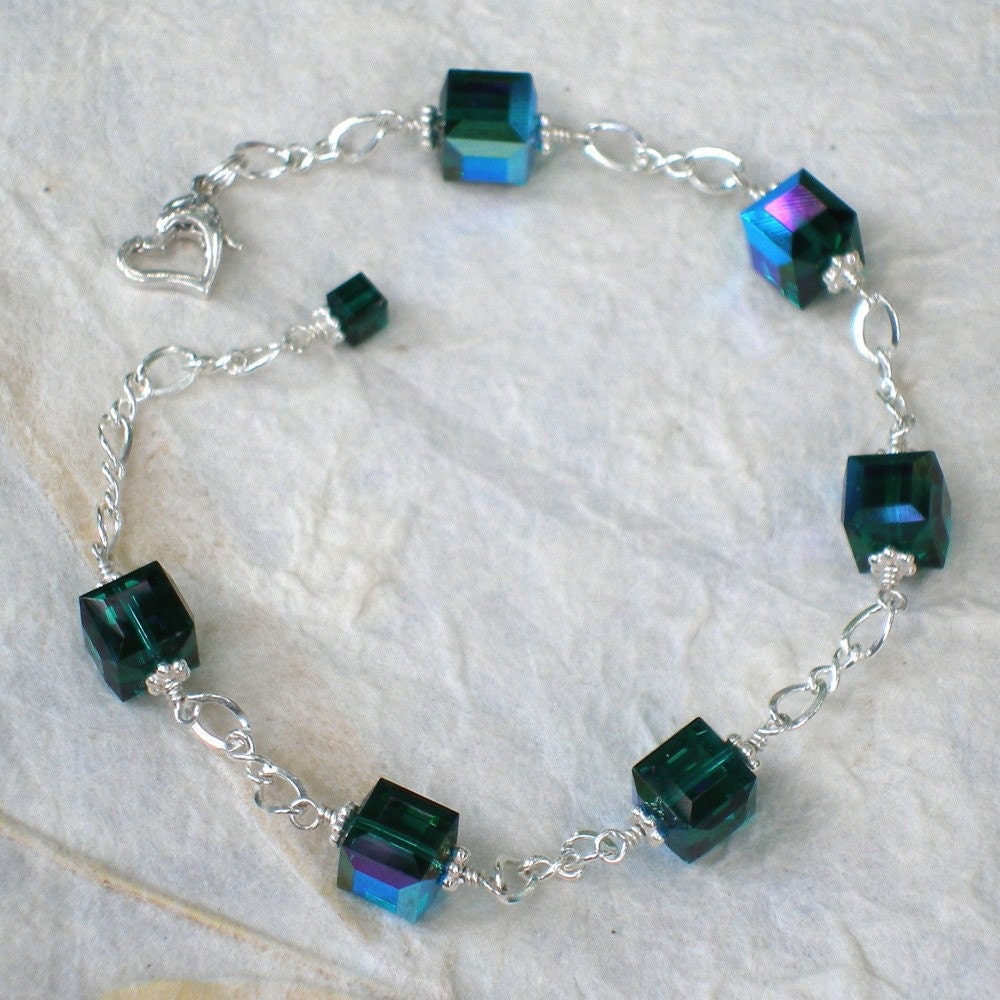 Emerald Green Crystal Bracelet Sterling Silver Dark Green