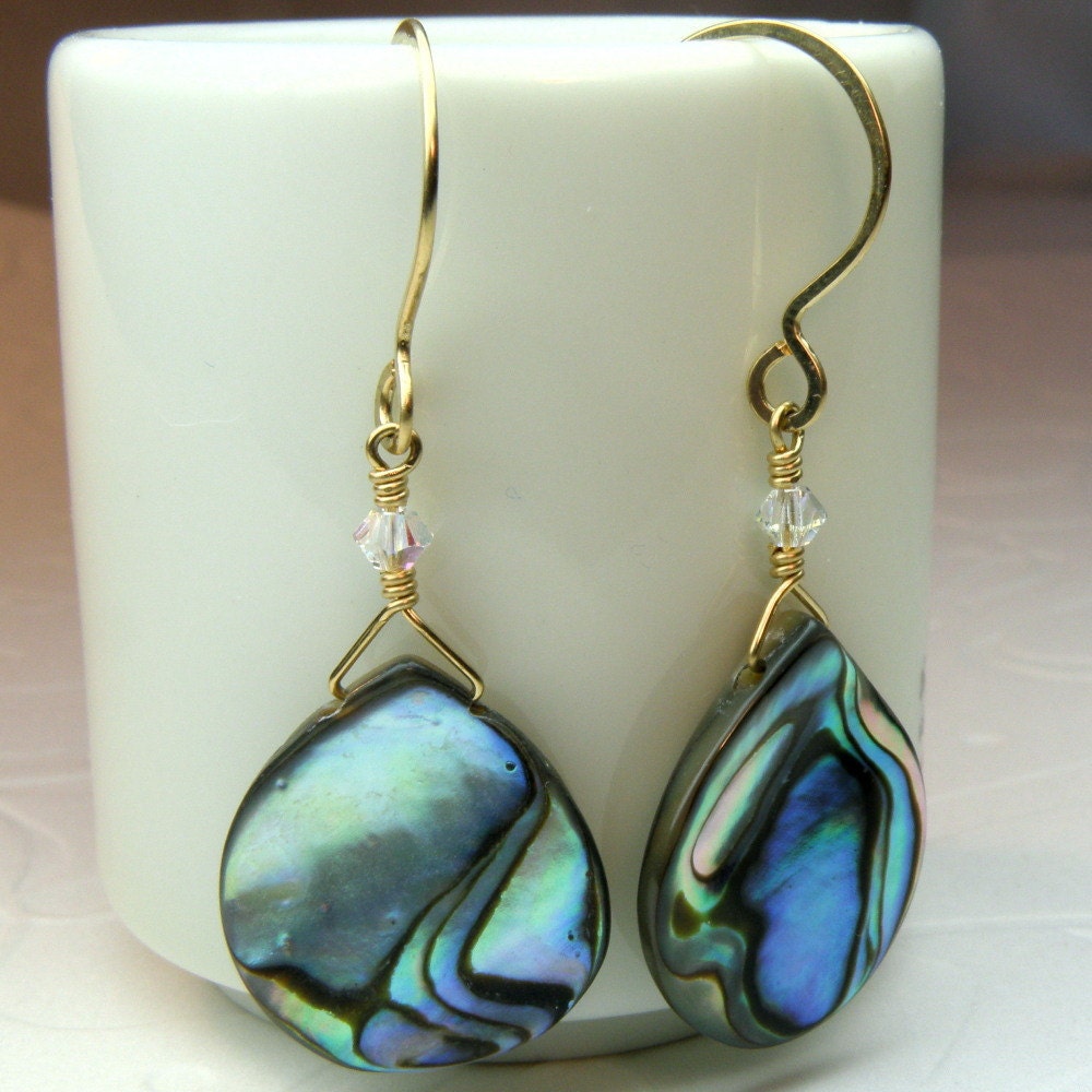 Paua Shell Earrings Gold Filled Green Blue Abalone Dangle