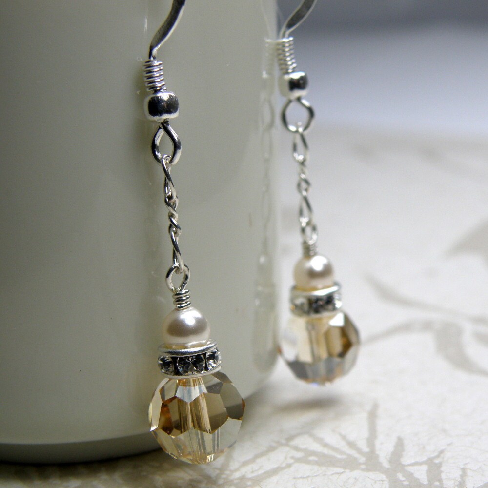 Champagne Crystal Pearl Earrings Yellow Bridesmaid by fineheart
