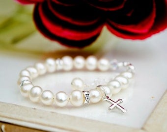 Christening Bracelet - Baptism Bracelet - Baby Bracelet-Baby Girl Bracelet - Baby Girl Pearl Bracelet With Cross