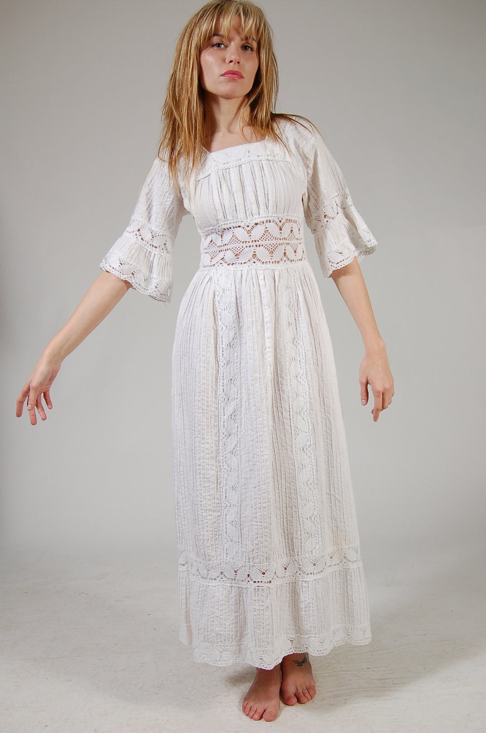  Vintage  70s MEXICAN  Wedding Dress  White CROCHET by 