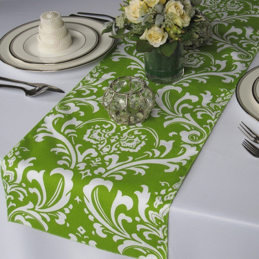 Traditions Green and White Damask Table Runner