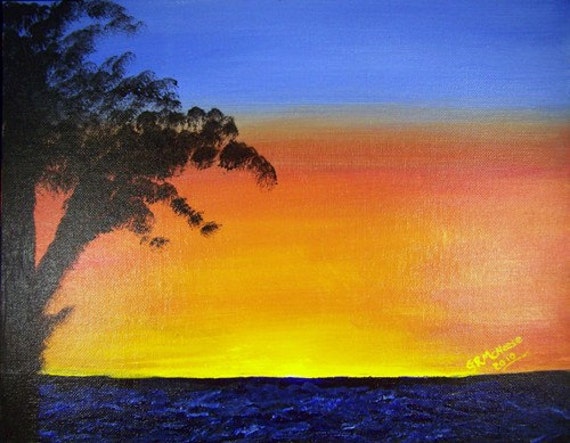 Items similar to Original acrylic painting sunset lake tree on Etsy