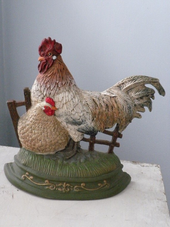 Vintage Cast Iron Rooster And Hen Doorstop