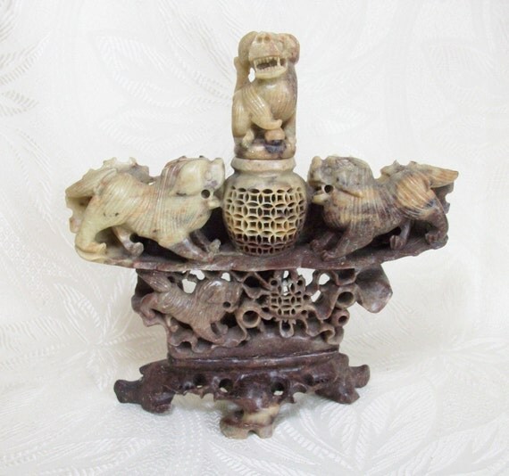 Foo Dog Incense Burner Soapstone Antique Chinese