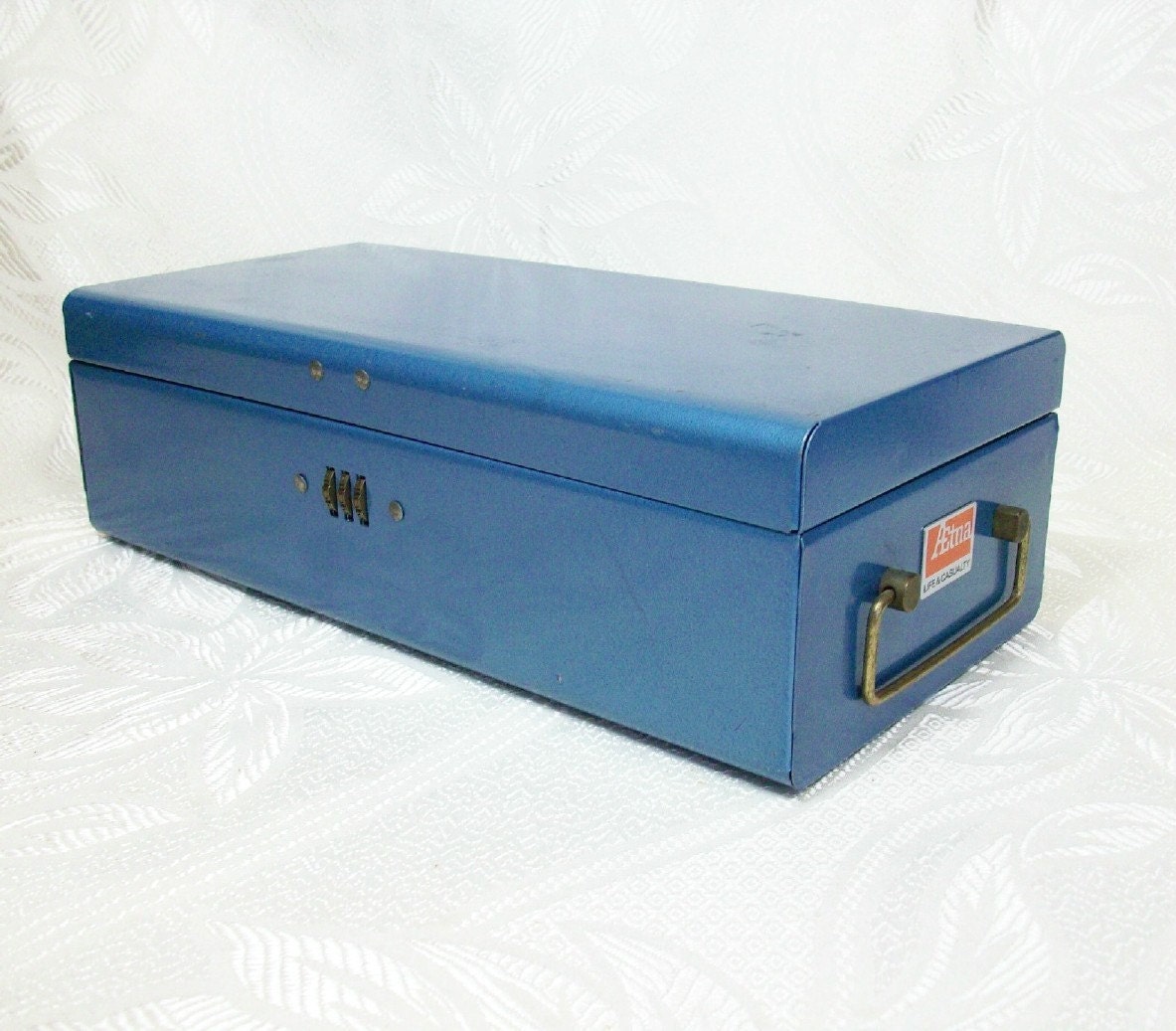 Vintage Metal Box Blue Combination Lock File Handle