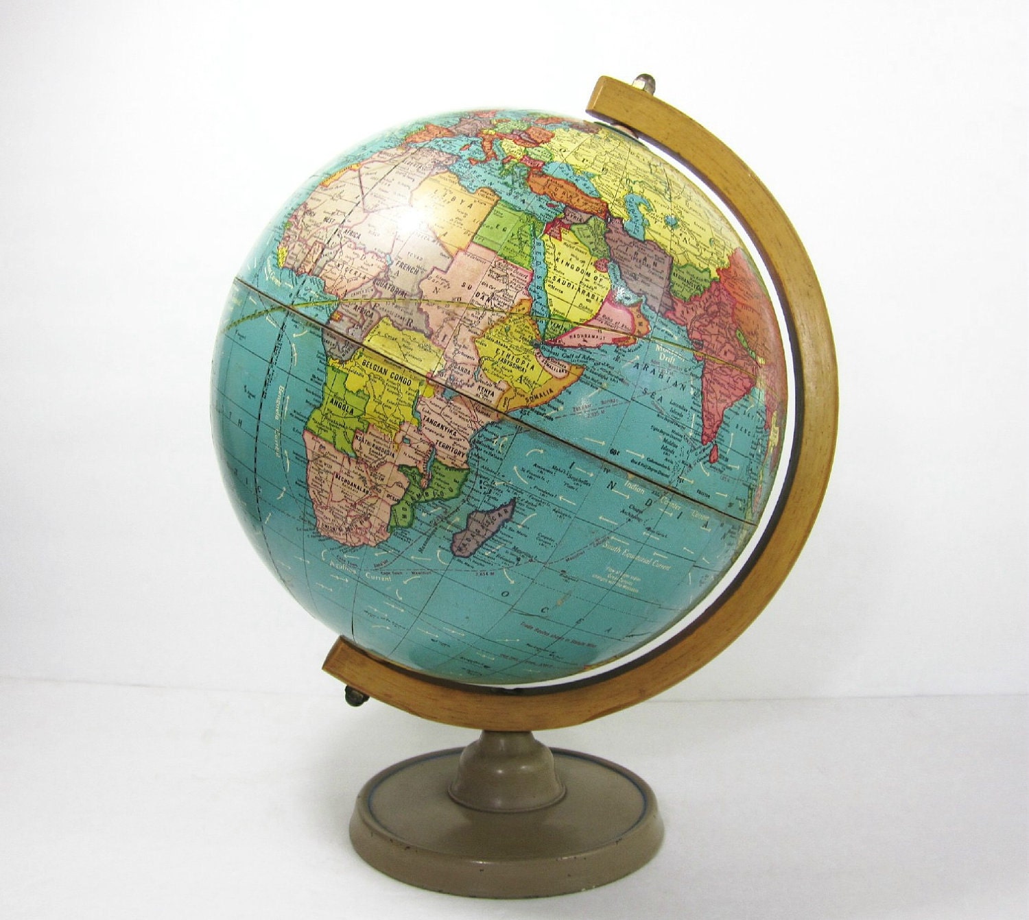 Vintage World Globe Stand Mid Century Crams Teal Wood