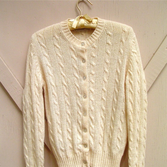 vintage Cream Cable Knit Shetland Wool Cardigan by SkinnyandBernie