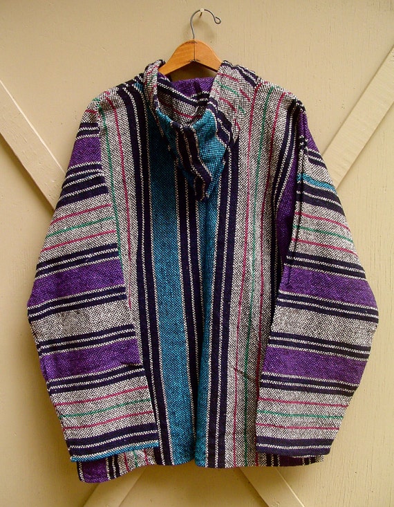 vintage Mexican Baja Woven Hooded Pullover Shirt