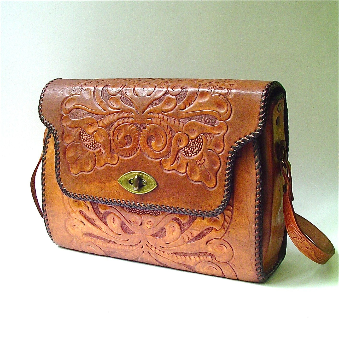 60s vintage Western Hand Tooled Leather Purse