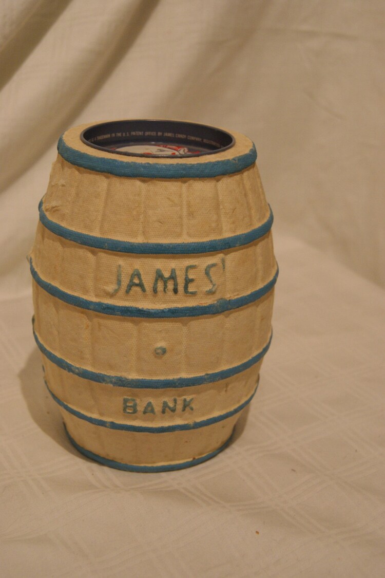 VINTAGE James Salt Water Taffy Barrel Bank by EndlessTreasuresNJ