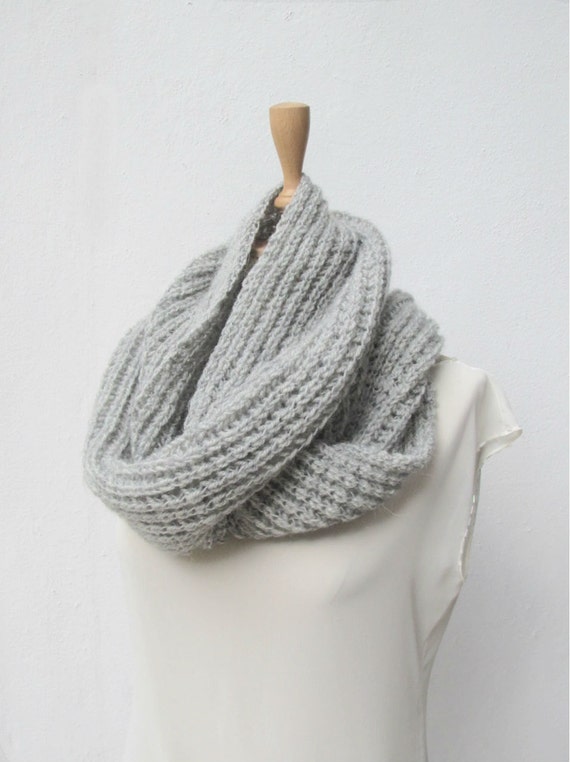 Hand Knitted Knit Infinity Scarf Light Grey by crochetbutterfly