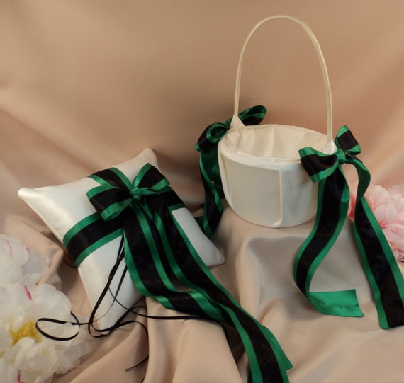 Custom Colors Satin Ring Bearer Pillow and Flower Girl Basket Set..You Choose The Colors..Shown in ivory/emerald green/black